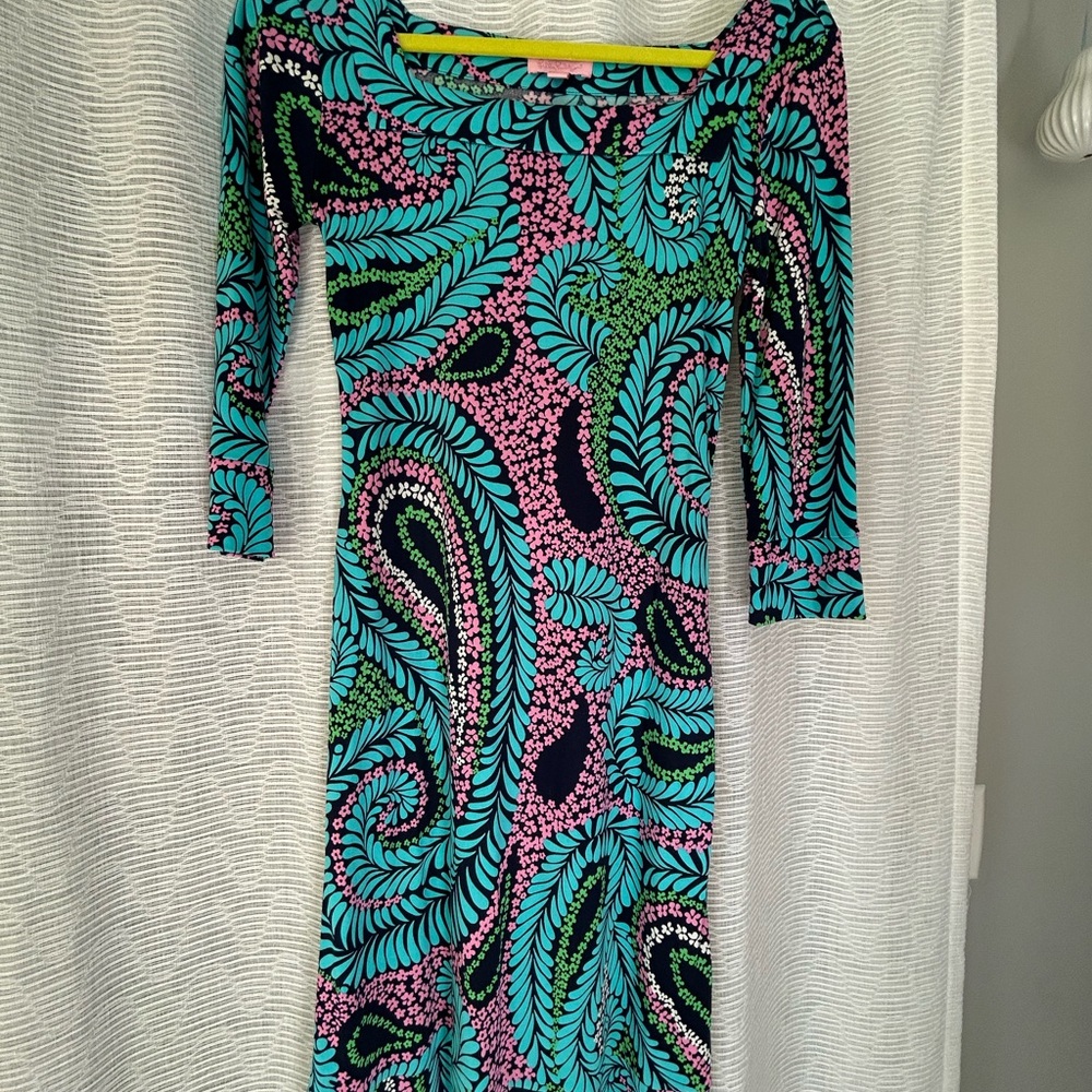 Lilly Pulitzer Blue Black Bodycon Dress Scoop Neck 3/4 Sleeve
